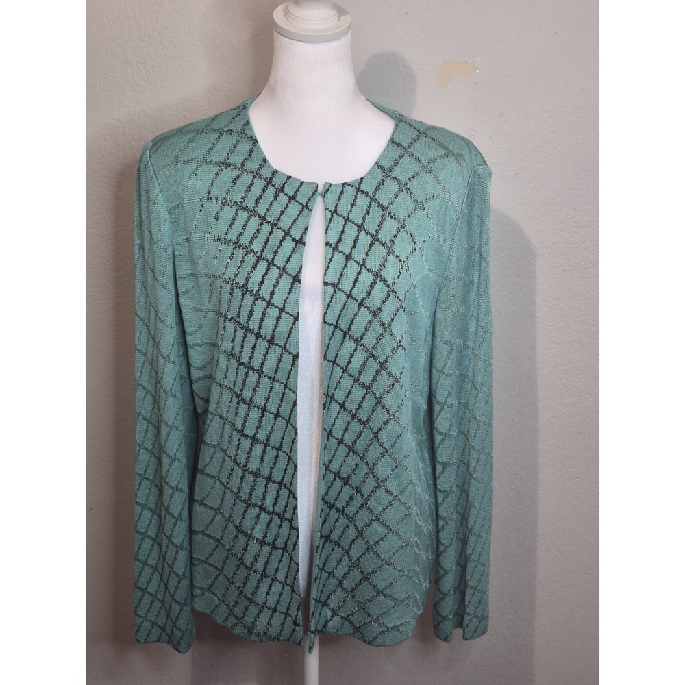 Ming Wang Cardigan Sweater M Mint Green Lattice Knit Open Front Shoulder Pads